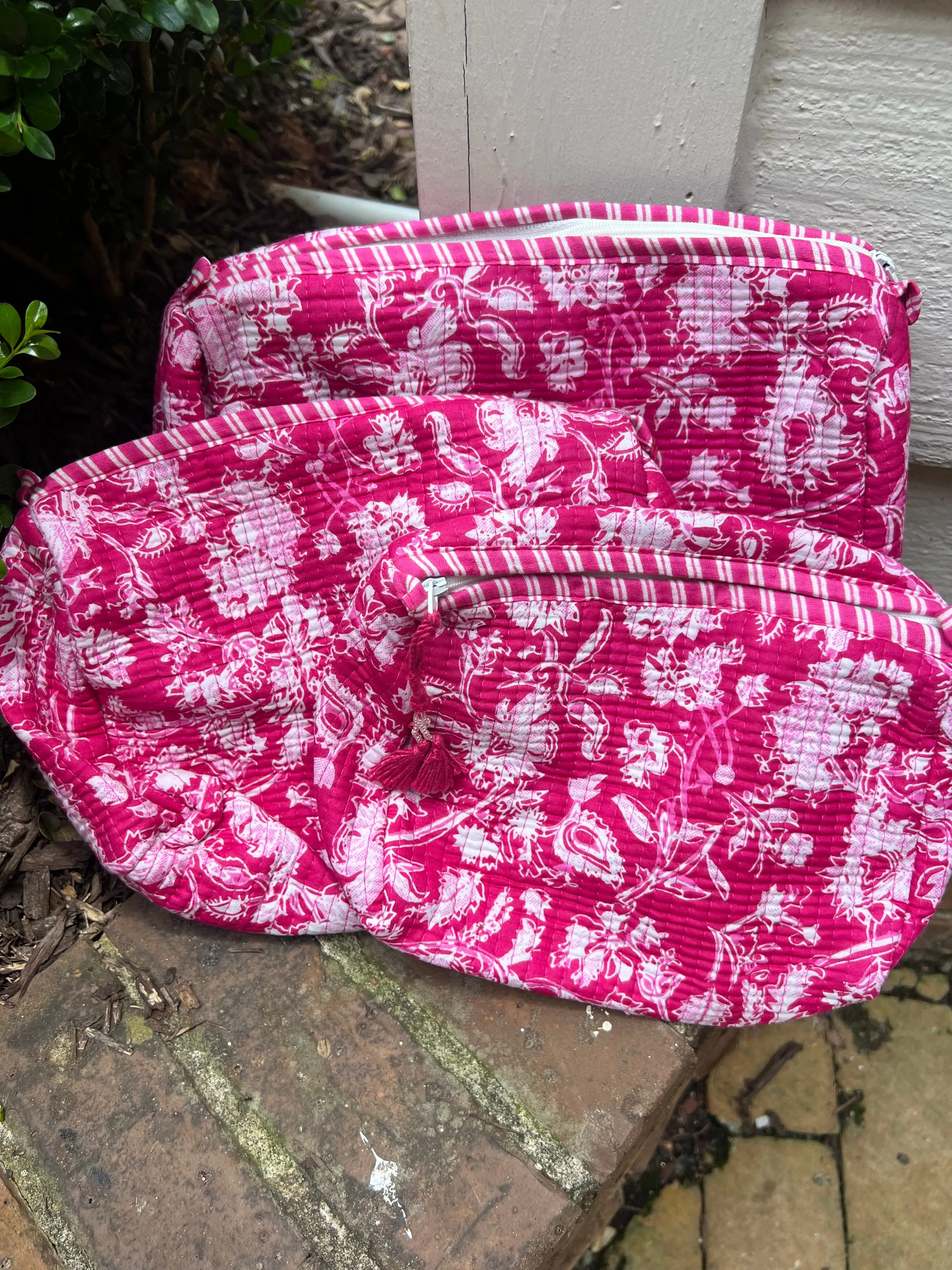 3 Piece Block Printed Cotton Cosmetic Bags