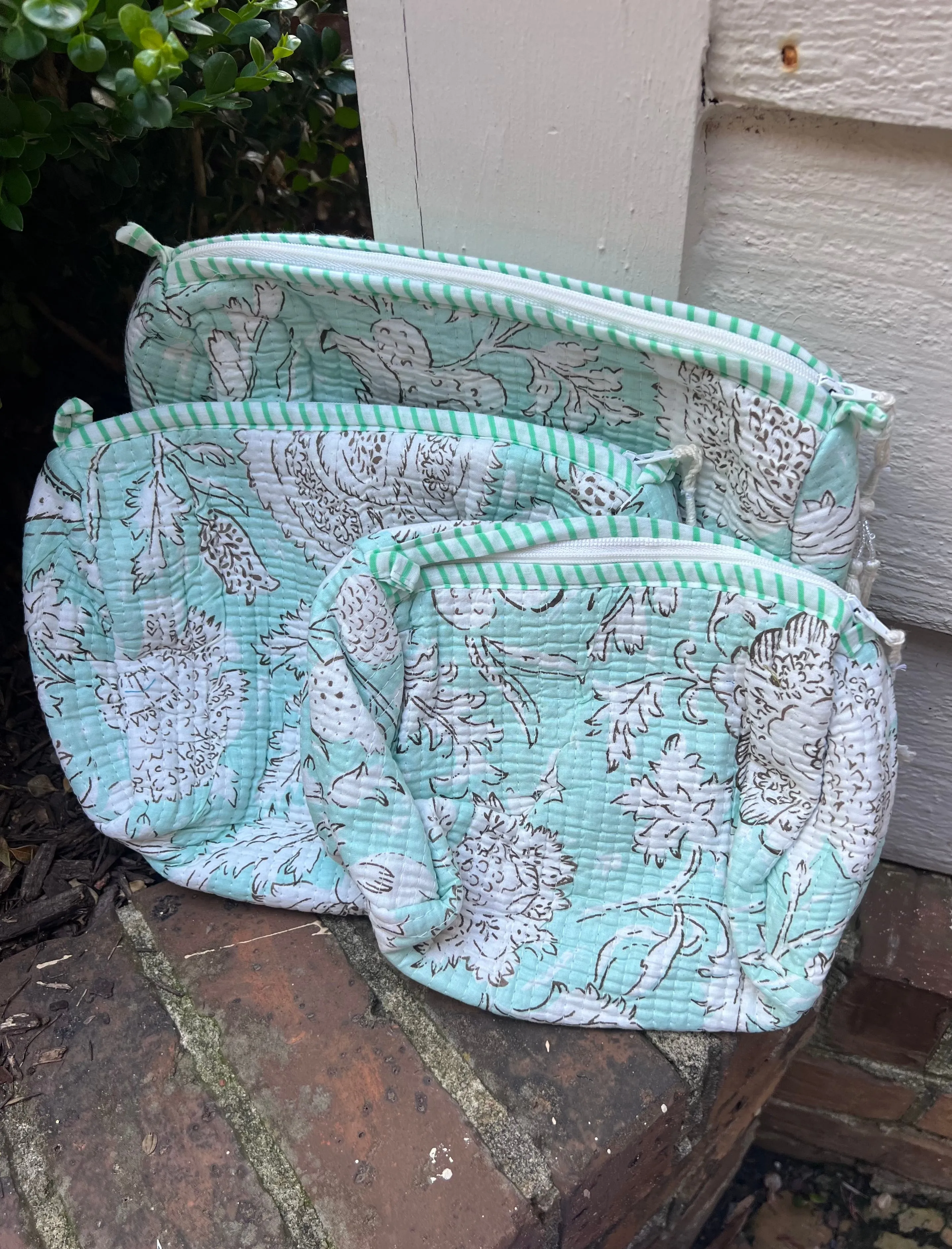 3 Piece Block Printed Cotton Cosmetic Bags