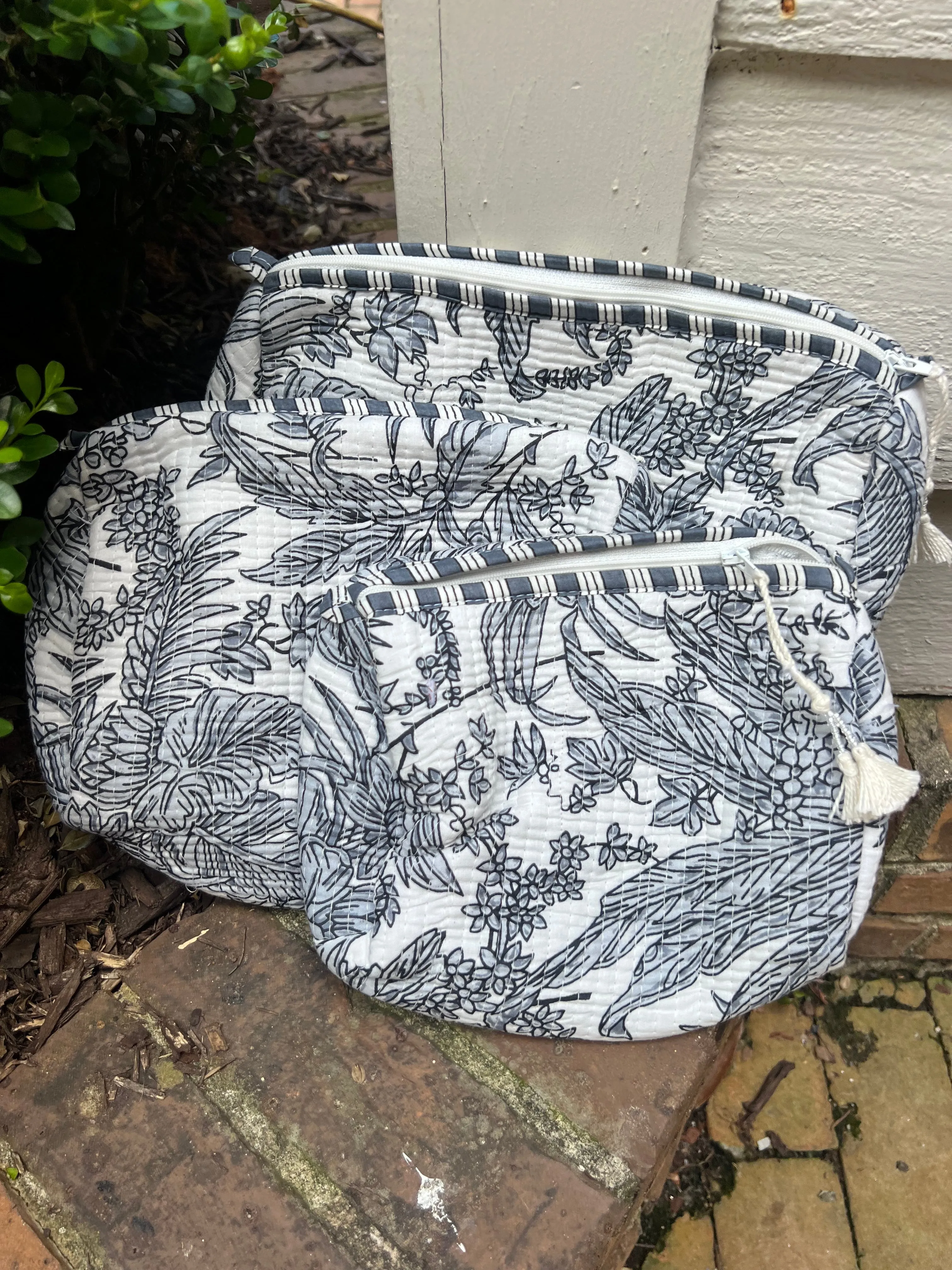 3 Piece Block Printed Cotton Cosmetic Bags