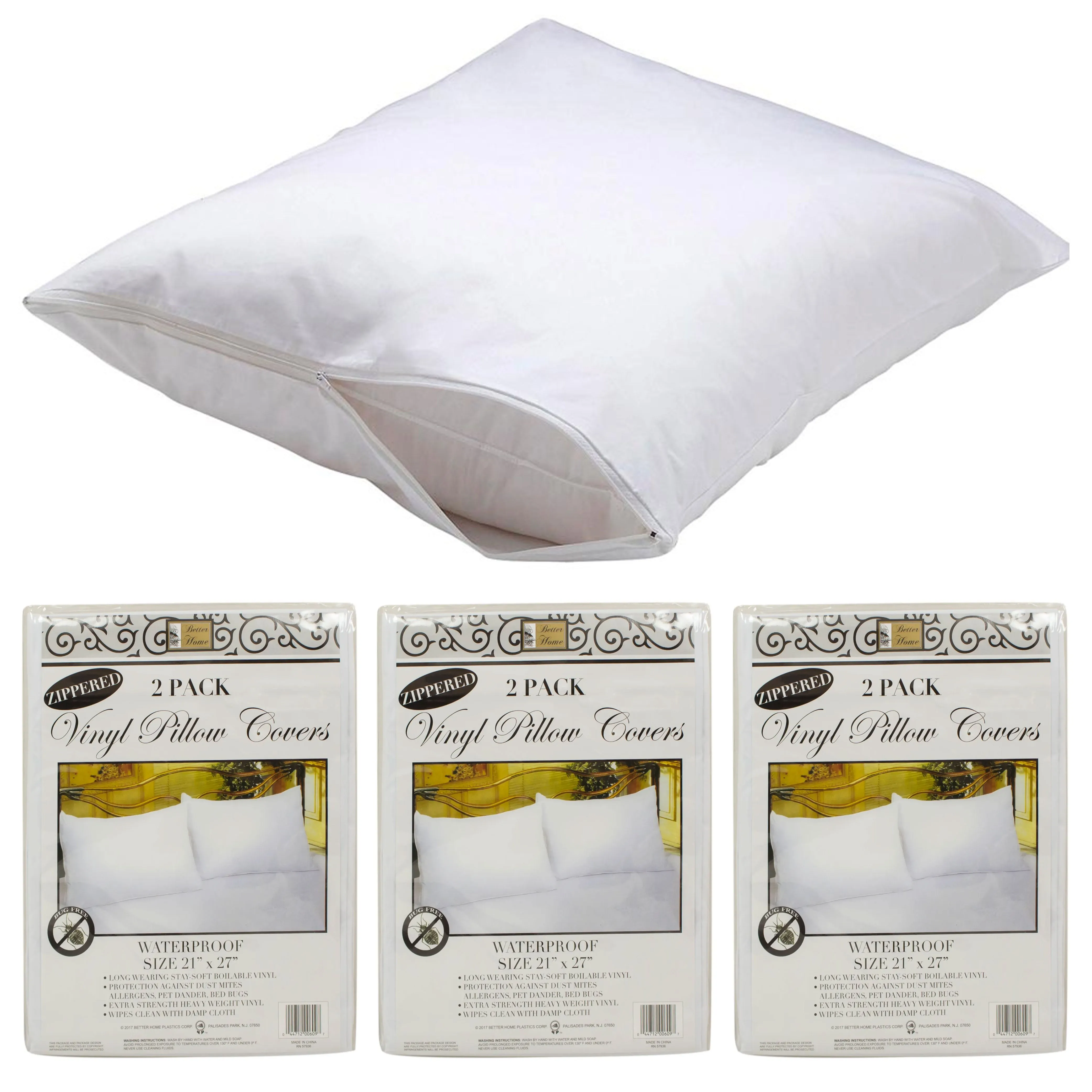 6 Pc Soft Pillow Protector Zippered Premium Vinyl Waterproof Bedding White Case