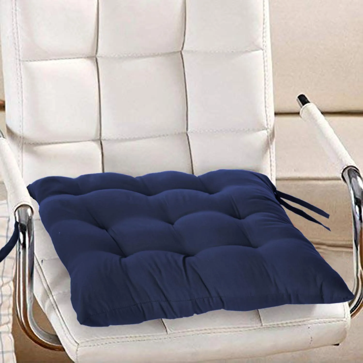Heart Home Microfiber Square Chair Pad/Cushion for Office, Home or Car Sitting with Ties, 18 * 18 Inch (Navy Blue), Standard (HS_37_HEARTH020849)