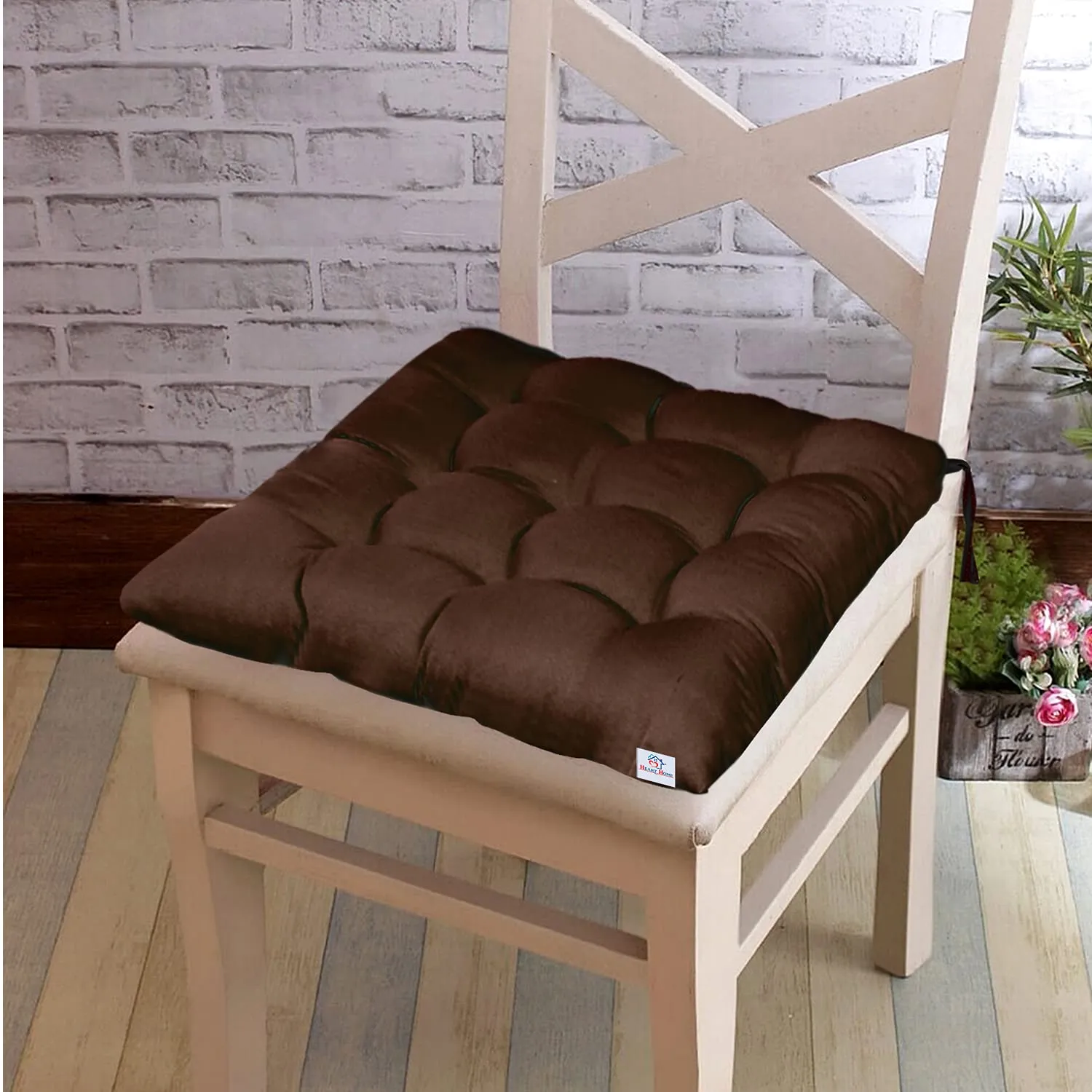 Heart Home Microfiber Square Chair Pad/Cushion for Office, Home or Car Sitting with Ties-Pack of 4, 18 * 18 Inch (Brown), Standard (HS_37_HEARTH020847)