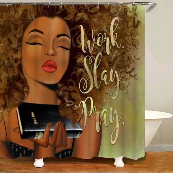 Indigenous African American Shower Curtain Set Black Girl Work Slay Pray Bathroom Curtain Bath Mat Rug Carpet Toilet Inspiration Home Decor Pedestal Rug Toilet Seat Cover