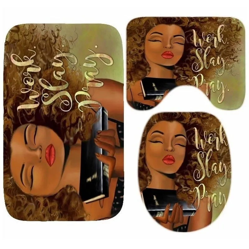 Indigenous African American Shower Curtain Set Black Girl Work Slay Pray Bathroom Curtain Bath Mat Rug Carpet Toilet Inspiration Home Decor Pedestal Rug Toilet Seat Cover