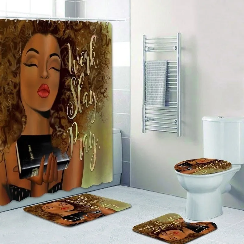 Indigenous African American Shower Curtain Set Black Girl Work Slay Pray Bathroom Curtain Bath Mat Rug Carpet Toilet Inspiration Home Decor Pedestal Rug Toilet Seat Cover