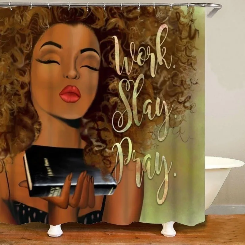 Indigenous African American Shower Curtain Set Black Girl Work Slay Pray Bathroom Curtain Bath Mat Rug Carpet Toilet Inspiration Home Decor Pedestal Rug Toilet Seat Cover