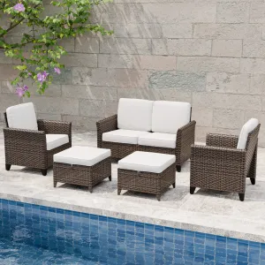 Ocean Vista Wicker Outdoor Patio Furniture Set w/ 2-Seat Loveseat, Patio Chairs, 5 Piece