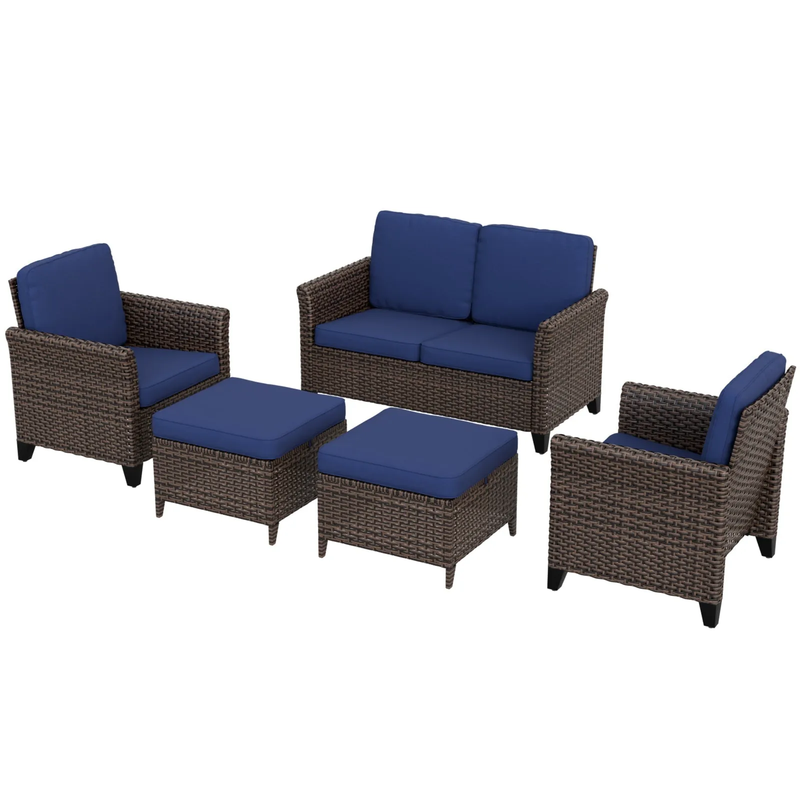 Ocean Vista Wicker Outdoor Patio Furniture Set w/ 2-Seat Loveseat, Patio Chairs, 5 Piece