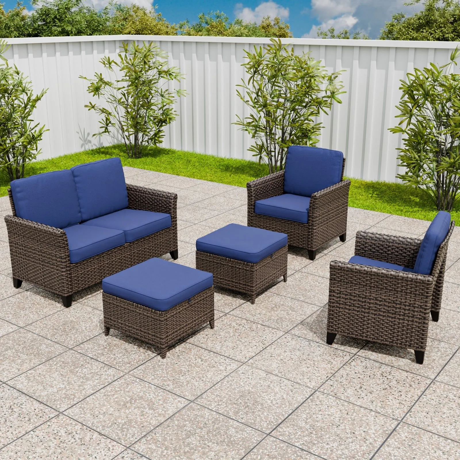 Ocean Vista Wicker Outdoor Patio Furniture Set w/ 2-Seat Loveseat, Patio Chairs, 5 Piece