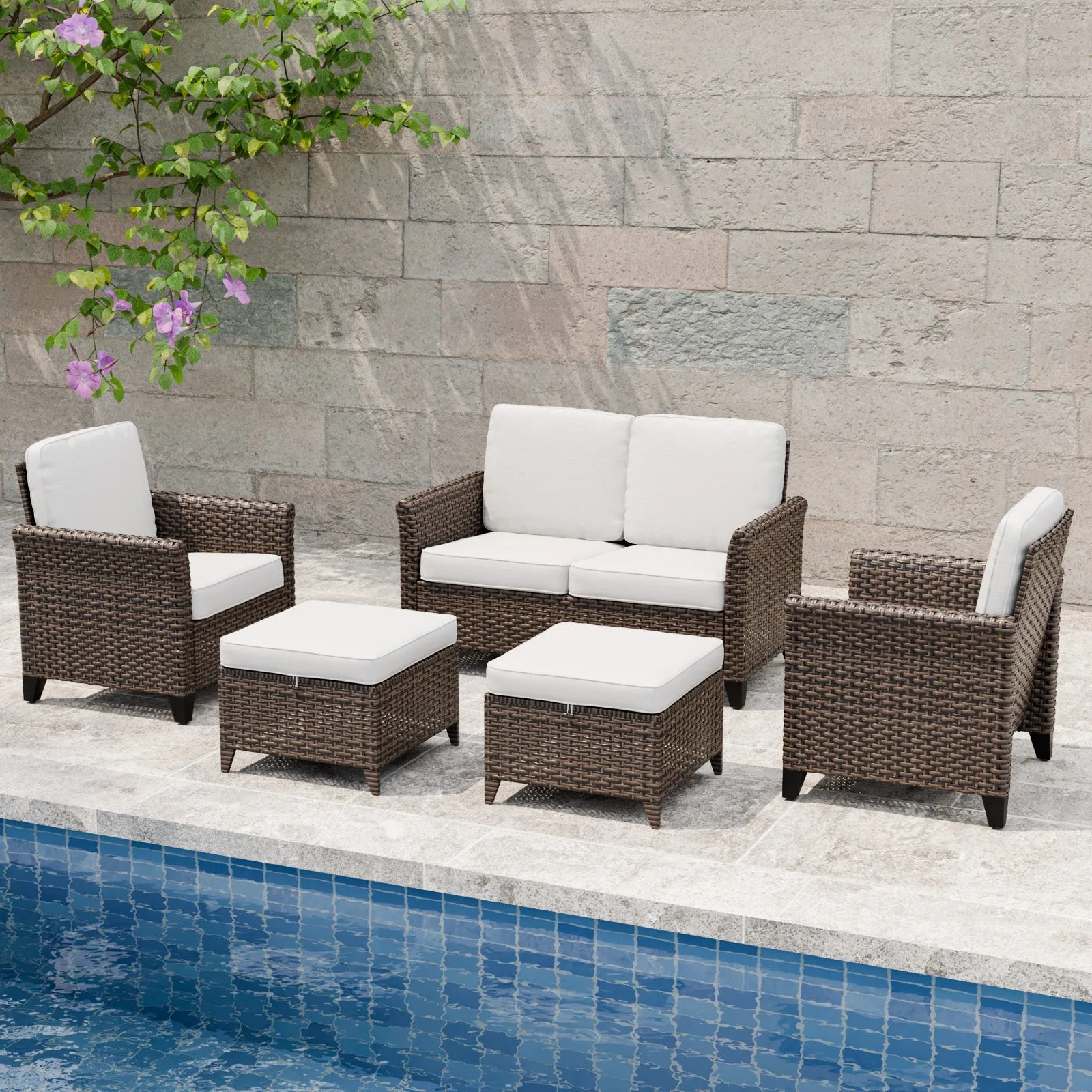 Ocean Vista Wicker Outdoor Patio Furniture Set w/ 2-Seat Loveseat, Patio Chairs, 5 Piece