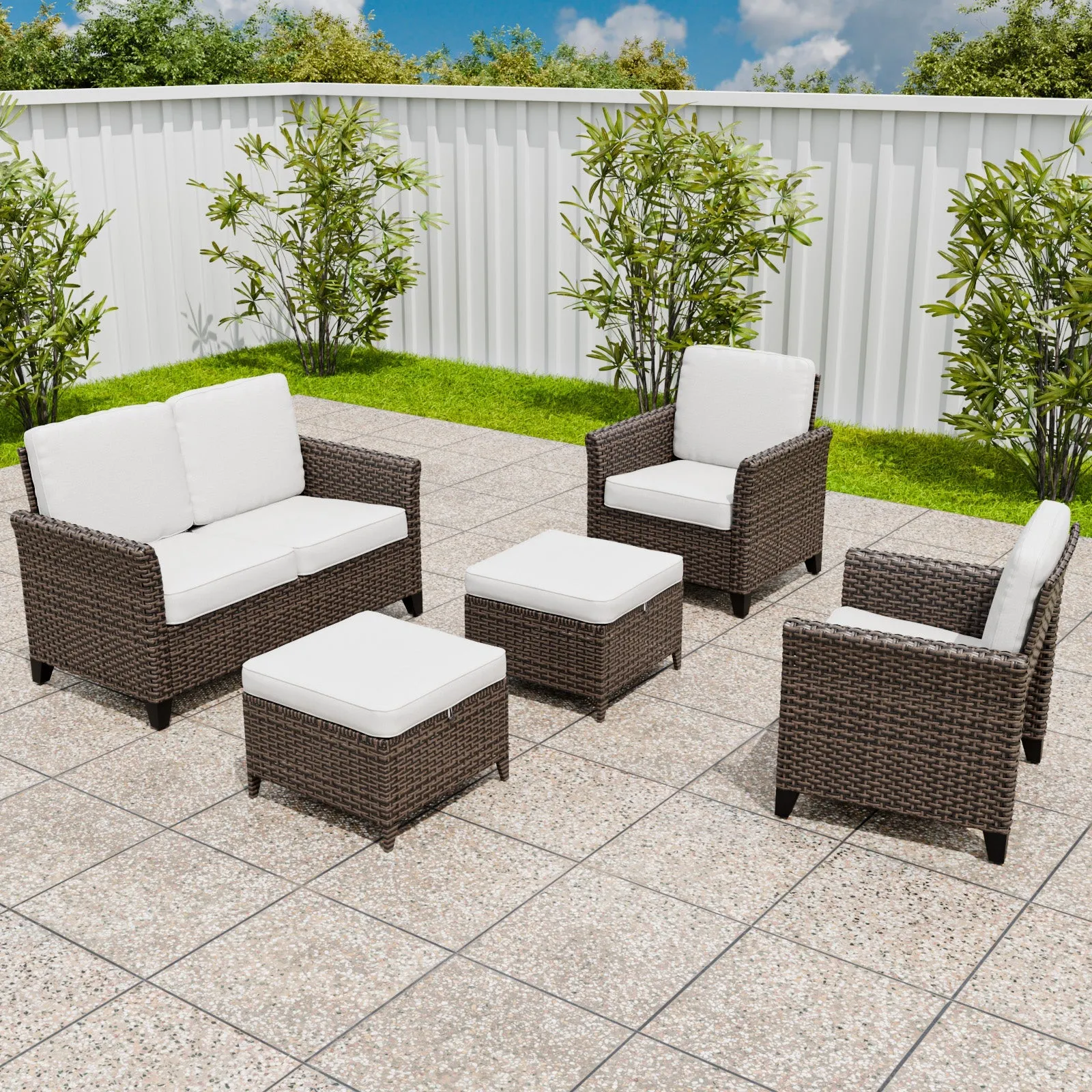 Ocean Vista Wicker Outdoor Patio Furniture Set w/ 2-Seat Loveseat, Patio Chairs, 5 Piece