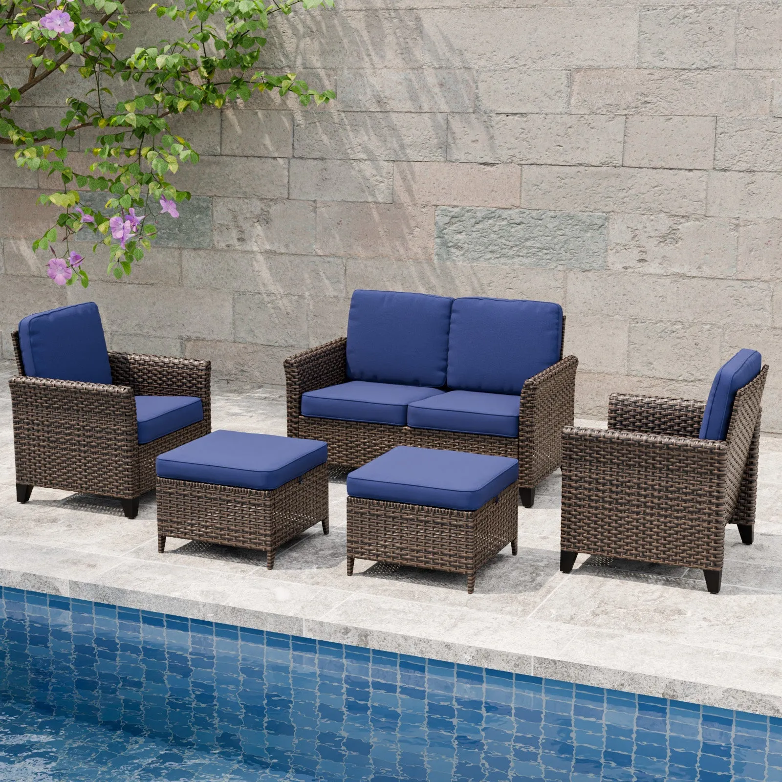 Ocean Vista Wicker Outdoor Patio Furniture Set w/ 2-Seat Loveseat, Patio Chairs, 5 Piece