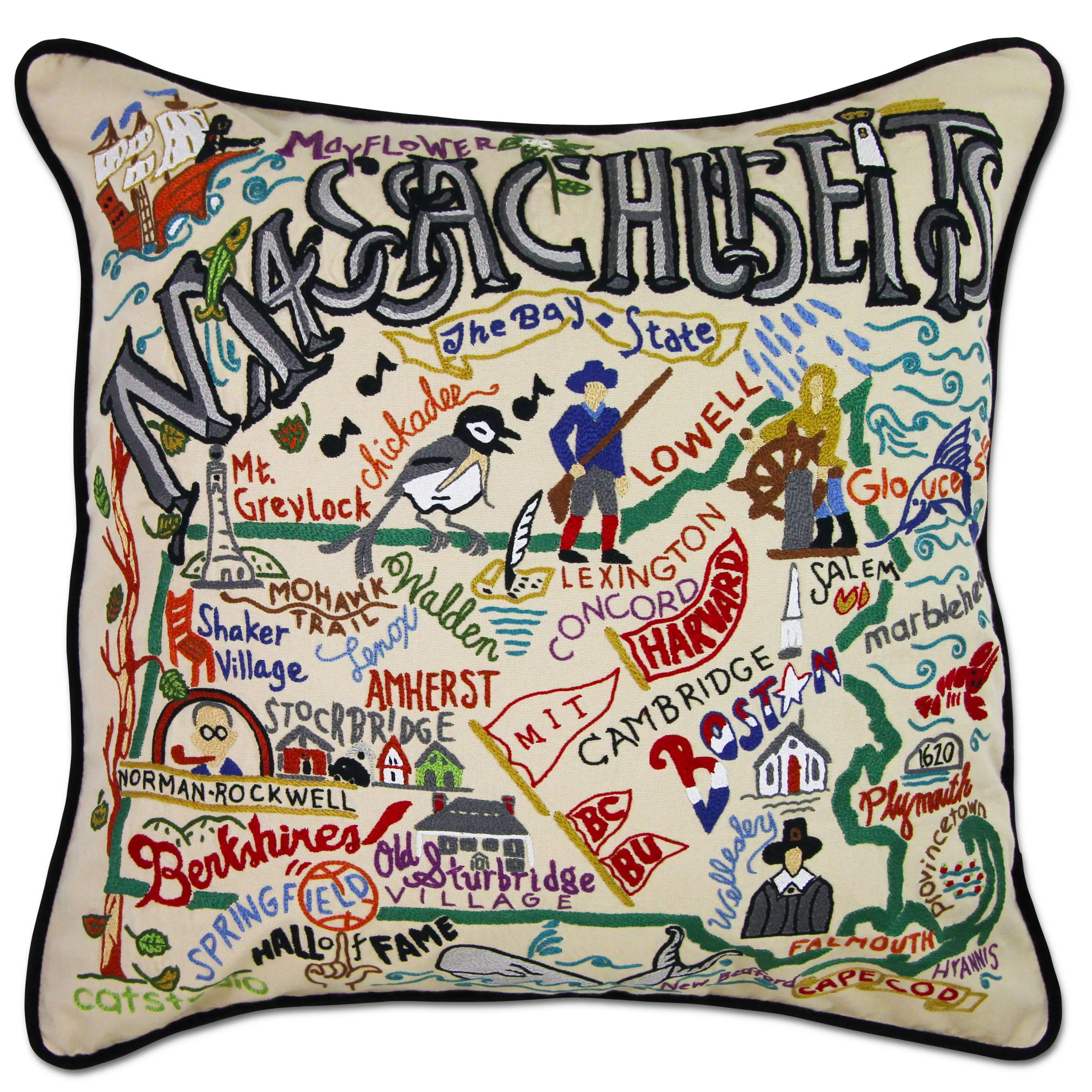 State of Massachusetts Hand-Embroidered Pillow