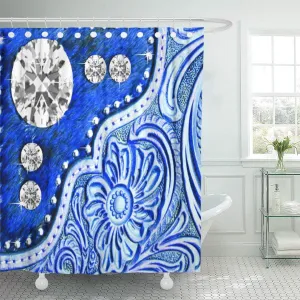 SUTTOM Western Royal Blue Floral Tooled and Bling Southwest Home Shower Curtain 60x72 inch