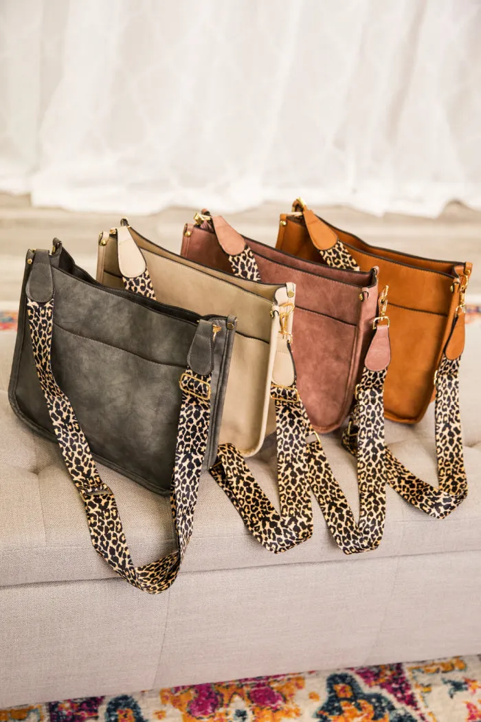 Trendy Vegan Leather Crossbody Handbag with Leopard Strap